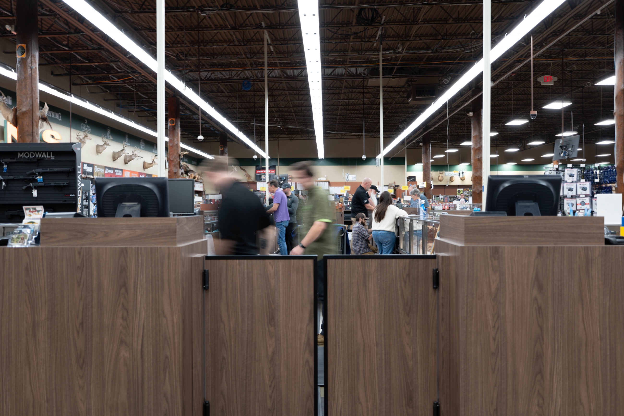 Finished wood sales counters at Green Top Sporting Goods